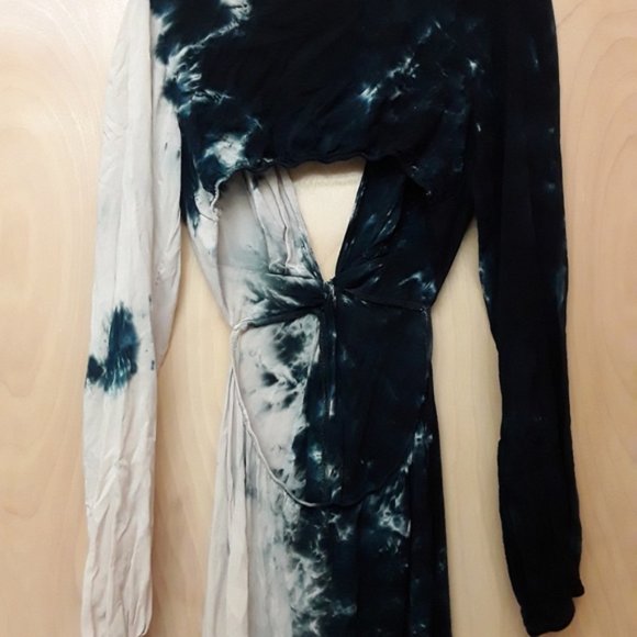 Blue White Tie Dye Cut Out Dress Witchycore Boho Fall S - Picture 5 of 6